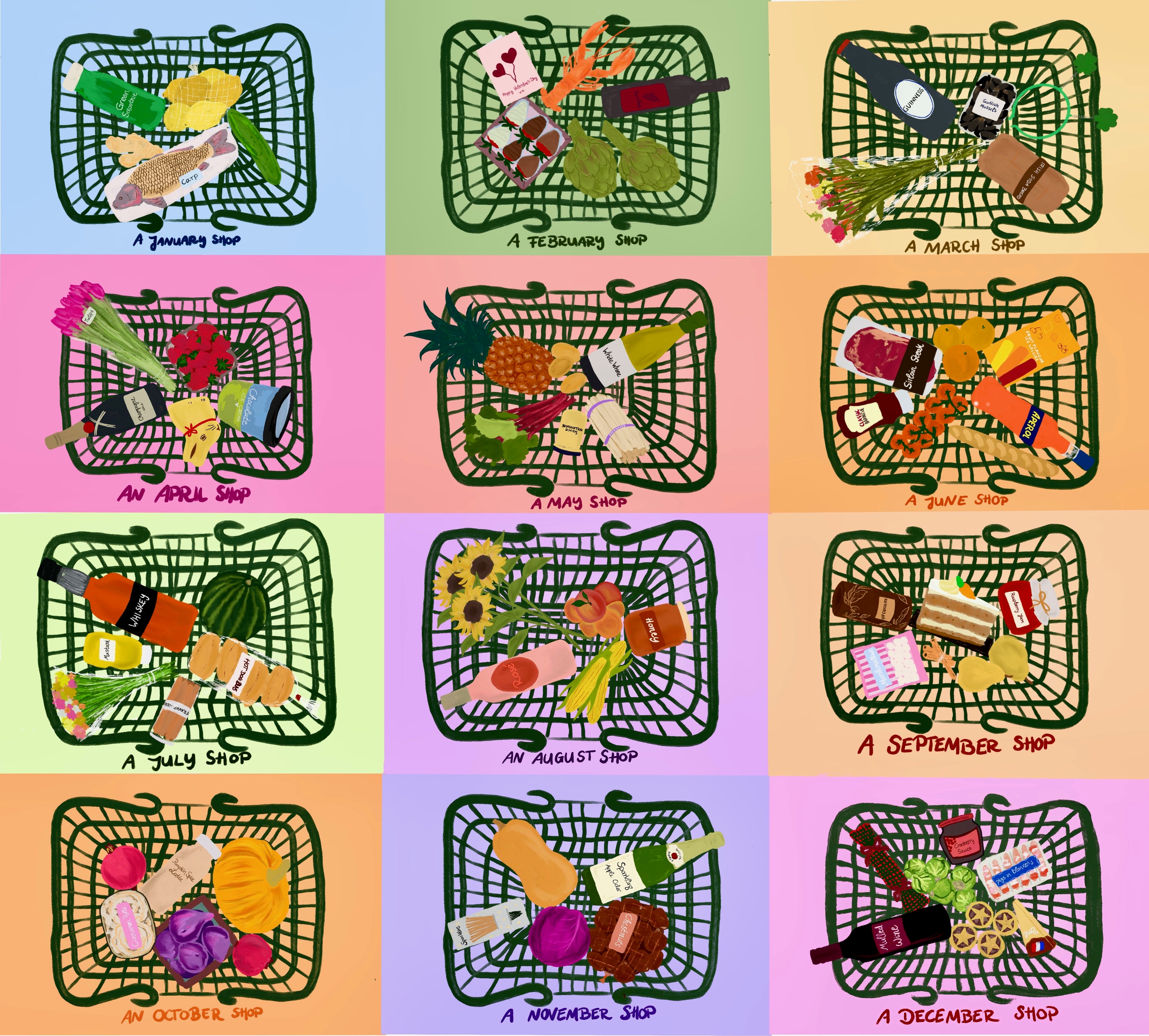 2026 Calendar A4 - 12 months of little shop illustrations