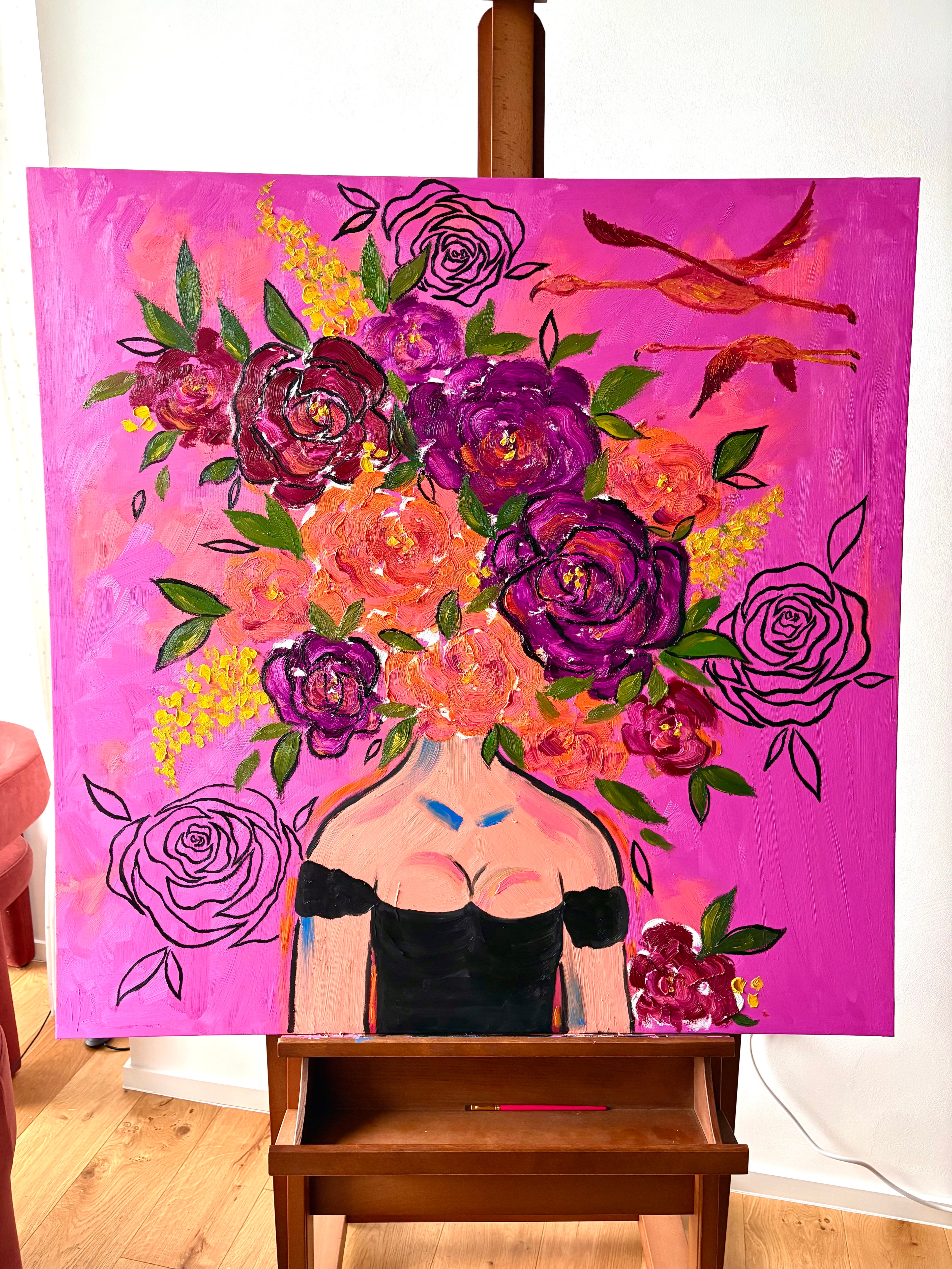 Original Oil Painting - Flamingos in the Sky